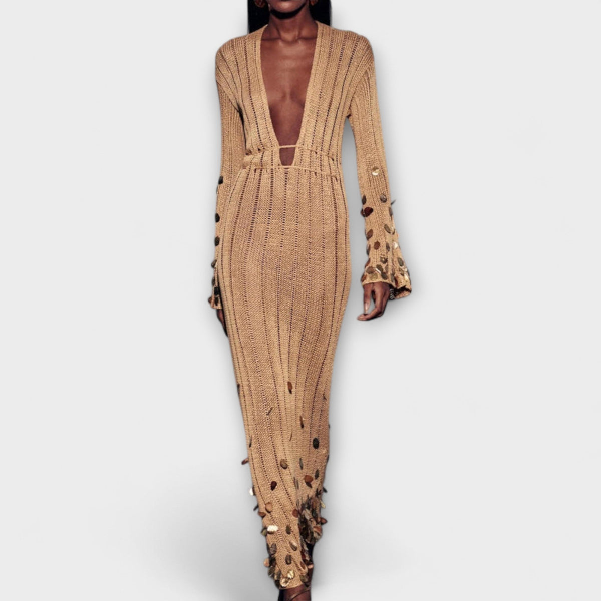 Gold open-knit maxi dress with sequin discs for women