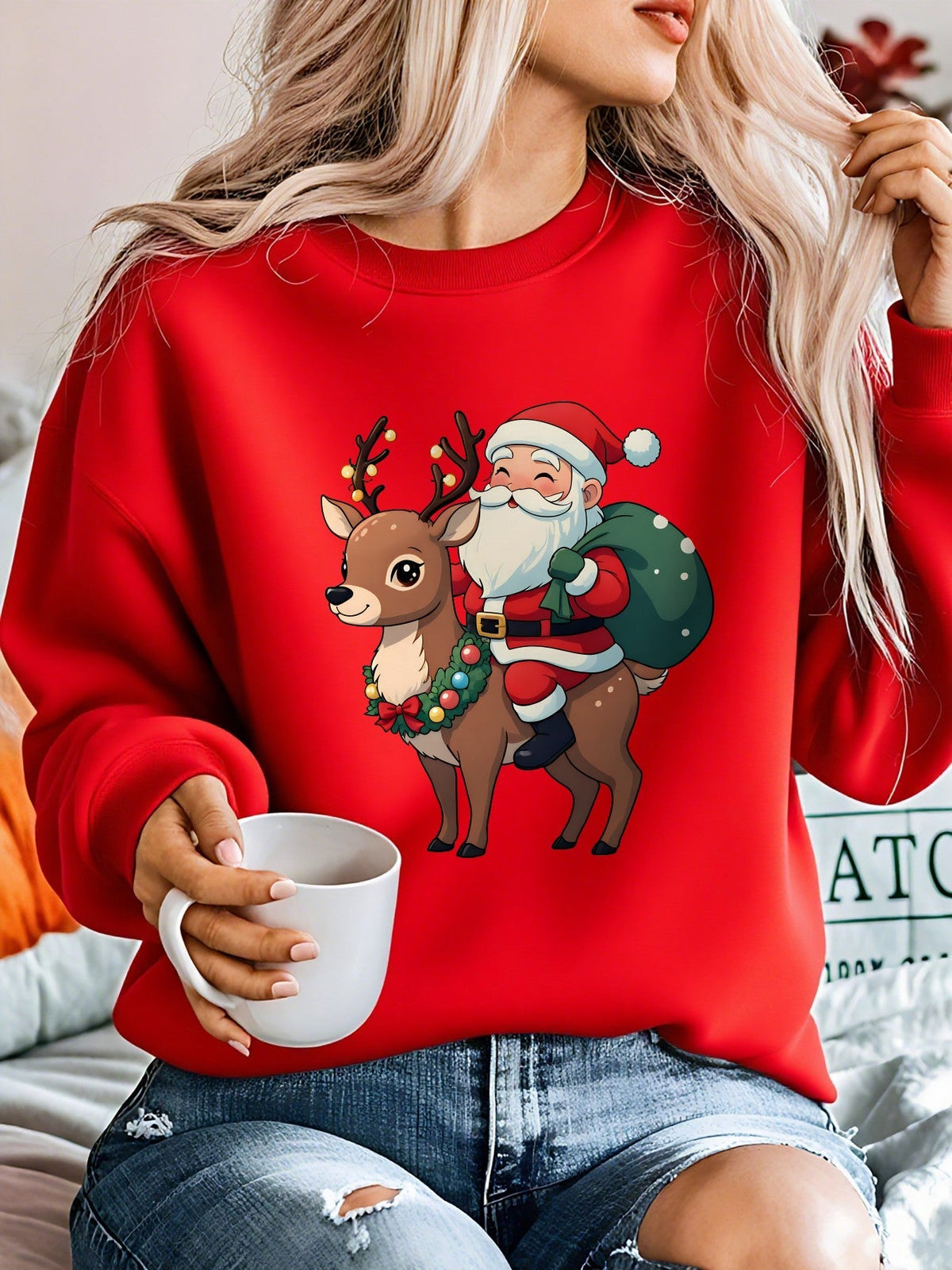 Christmas sweater with Santa and reindeer print for women