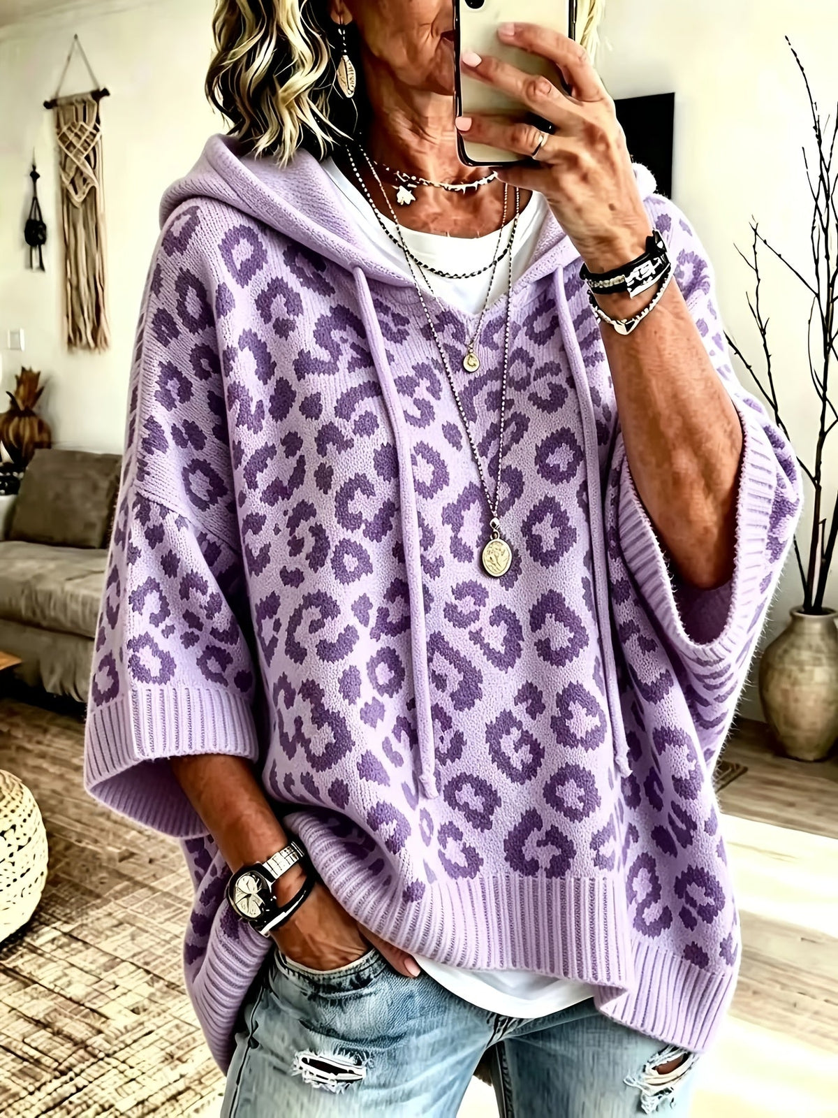 Oversized leopard batwing knit hoodie for women