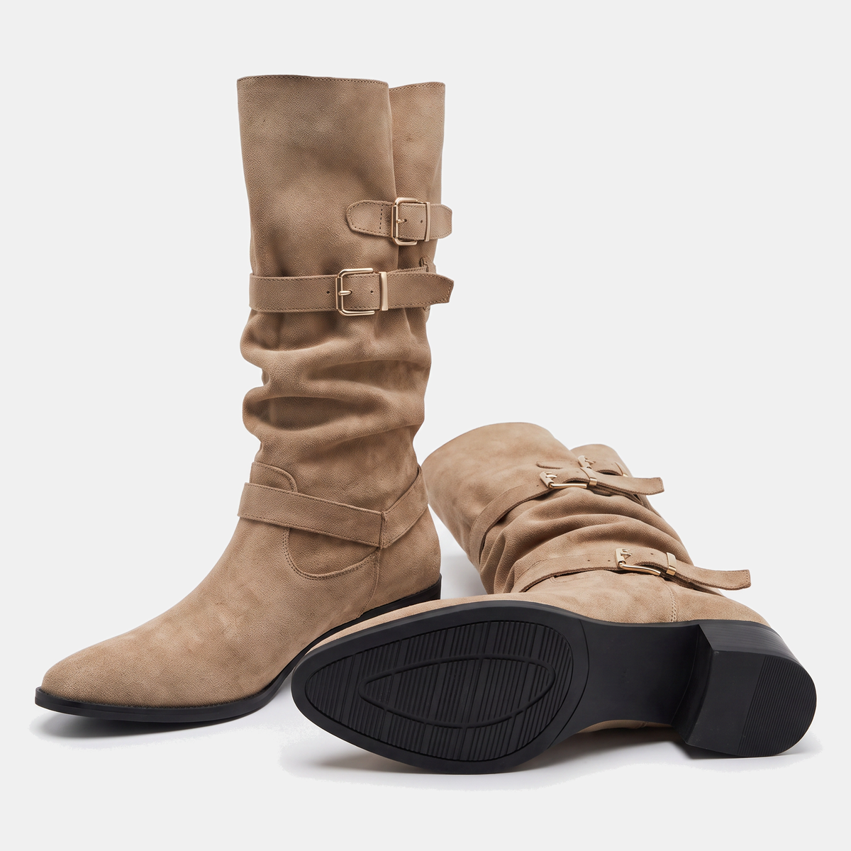 Triple buckle knee-high slouch boots for women