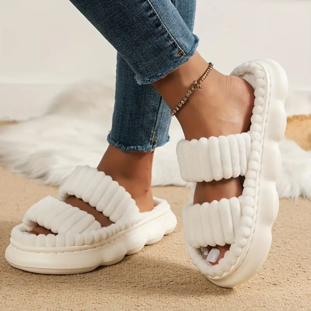 Fluffy double strap slides in white for women