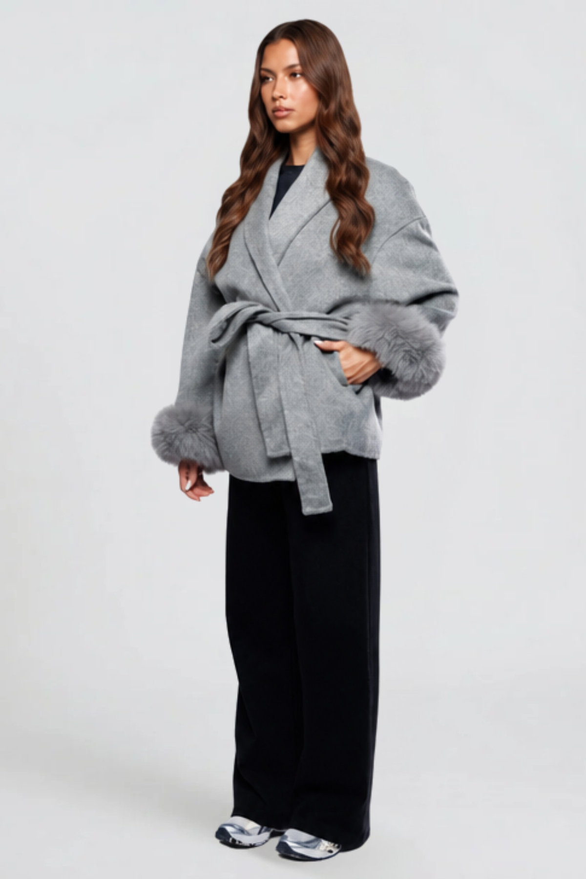 Relaxed fit wool-look belted coat for women