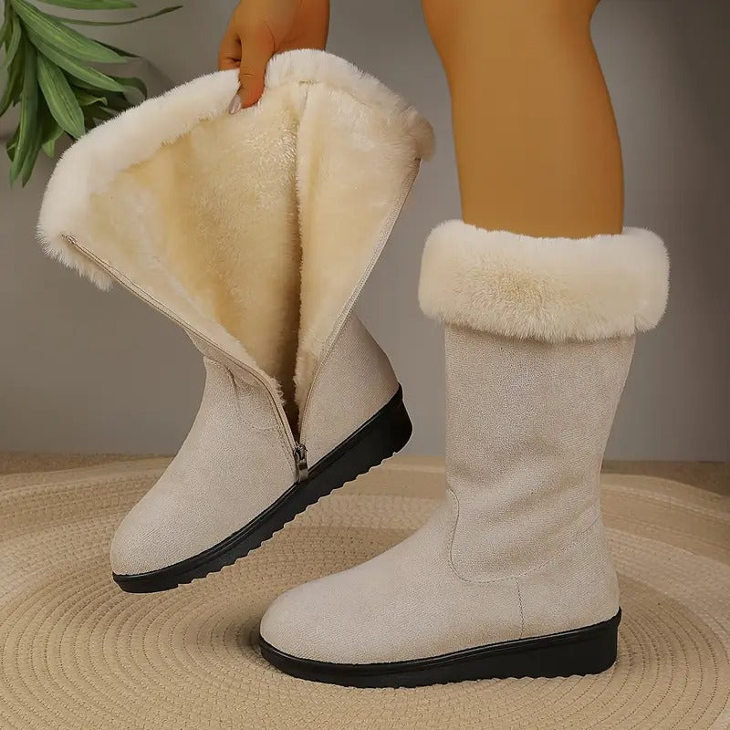 Plush-lined mid-calf winter boots with faux-fur cuff for women
