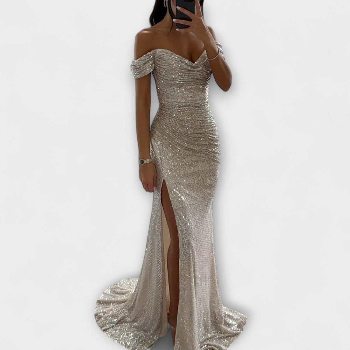 Off-shoulder sequin maxi dress with high slit for women