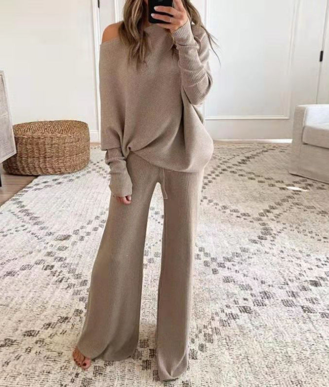 Asymmetric knit wide-leg lounge set in khaki for women