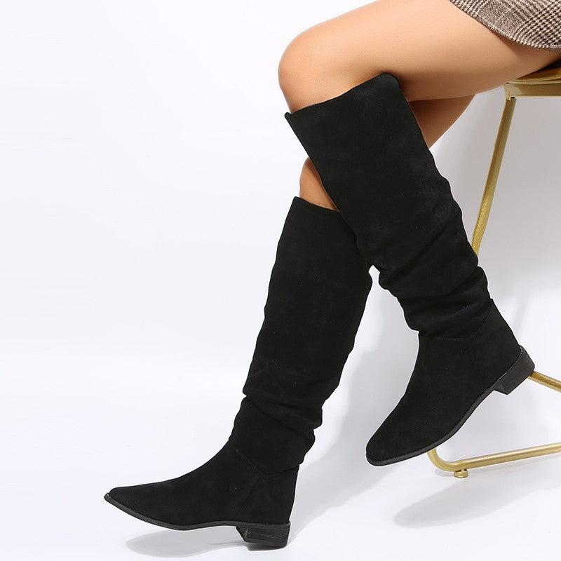 Suede-look flat knee-high slouch boots for women
