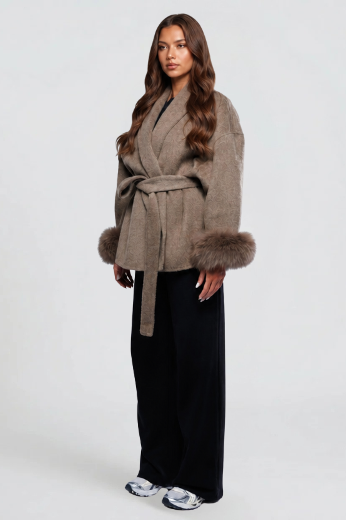 Relaxed fit wool-look belted coat for women