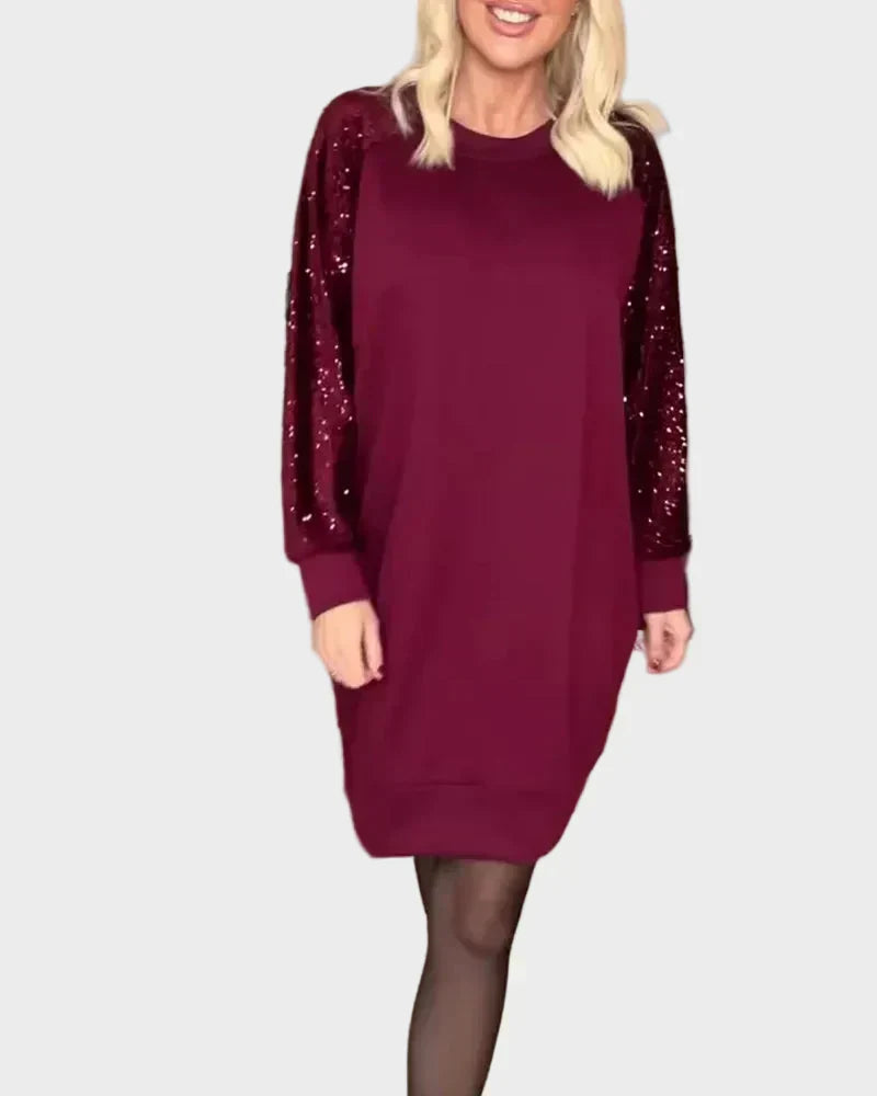 Sweatshirt dress with sequin sleeves and crew neck for women