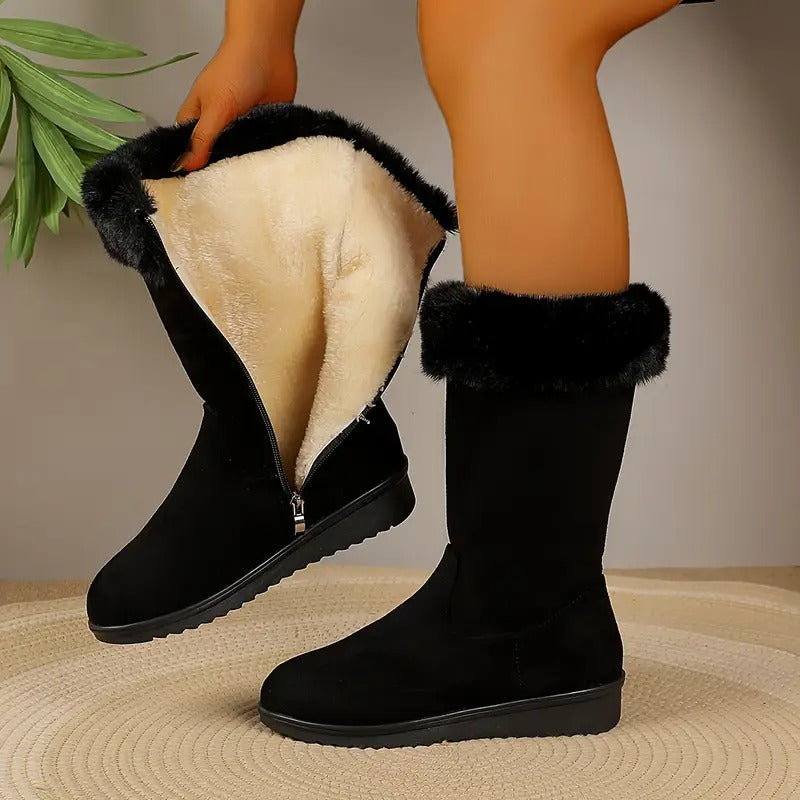 Plush-lined mid-calf winter boots with faux-fur cuff for women