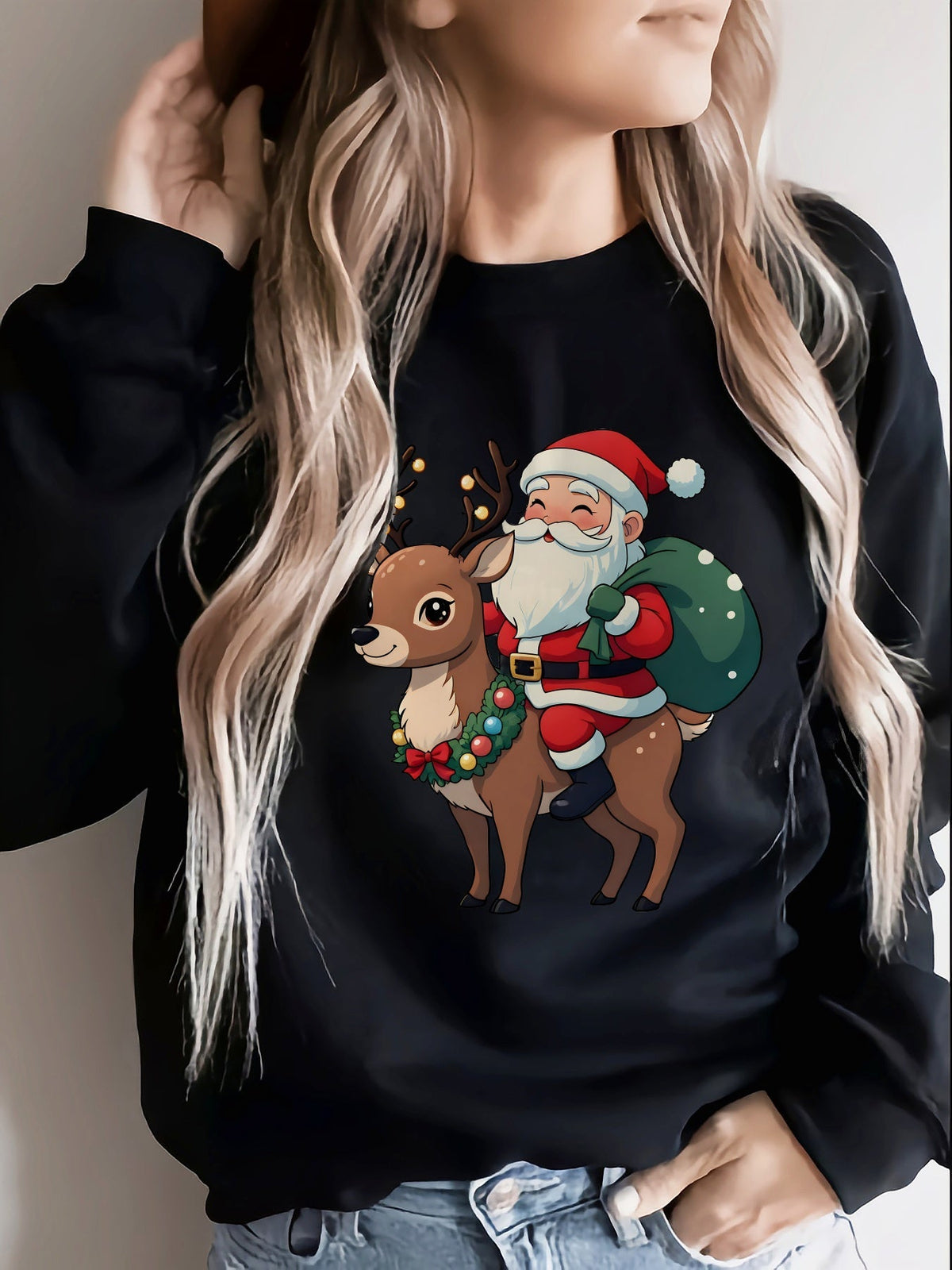 Christmas sweater with Santa and reindeer print for women