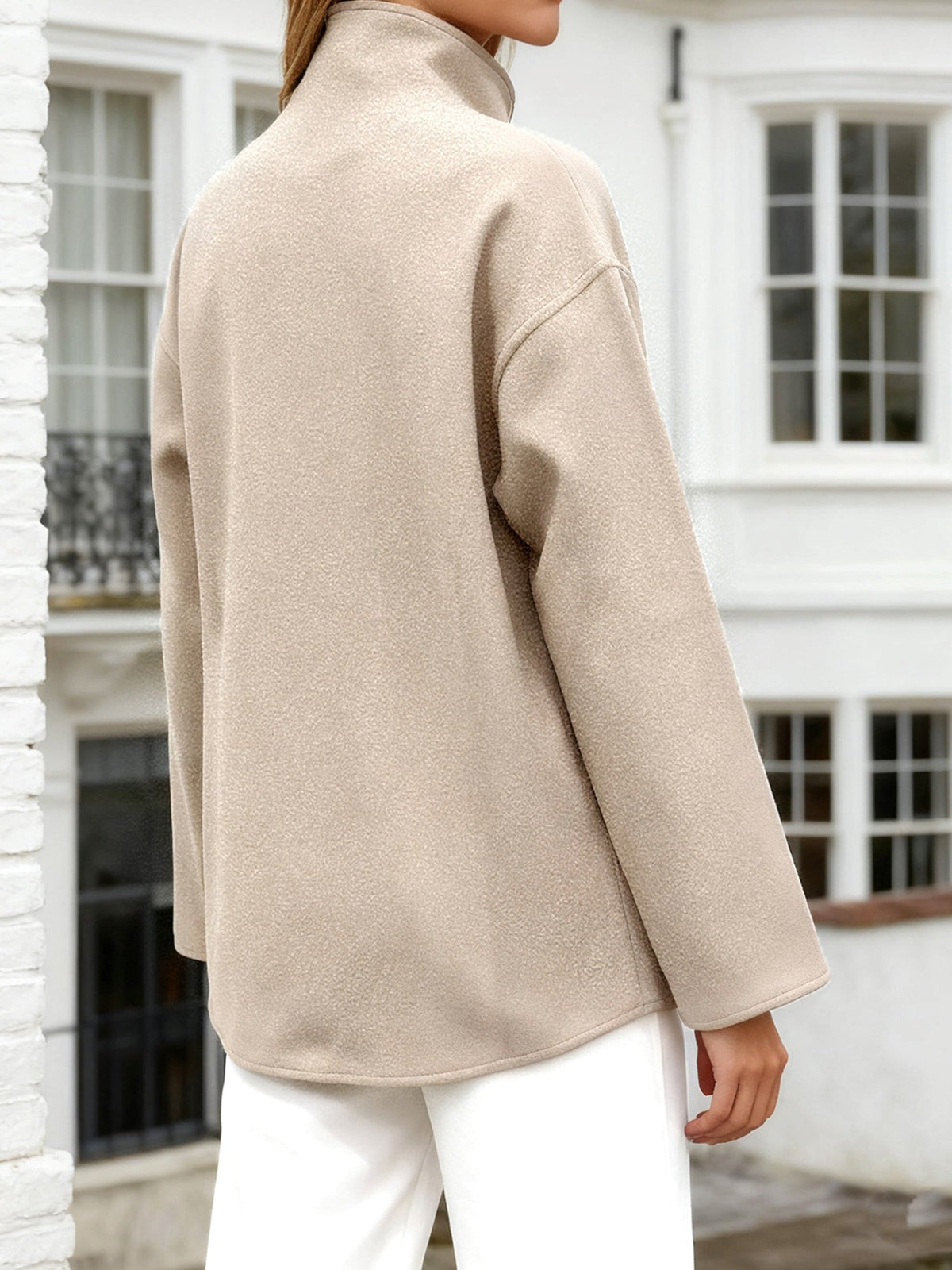 Cropped stand collar pea coat for women