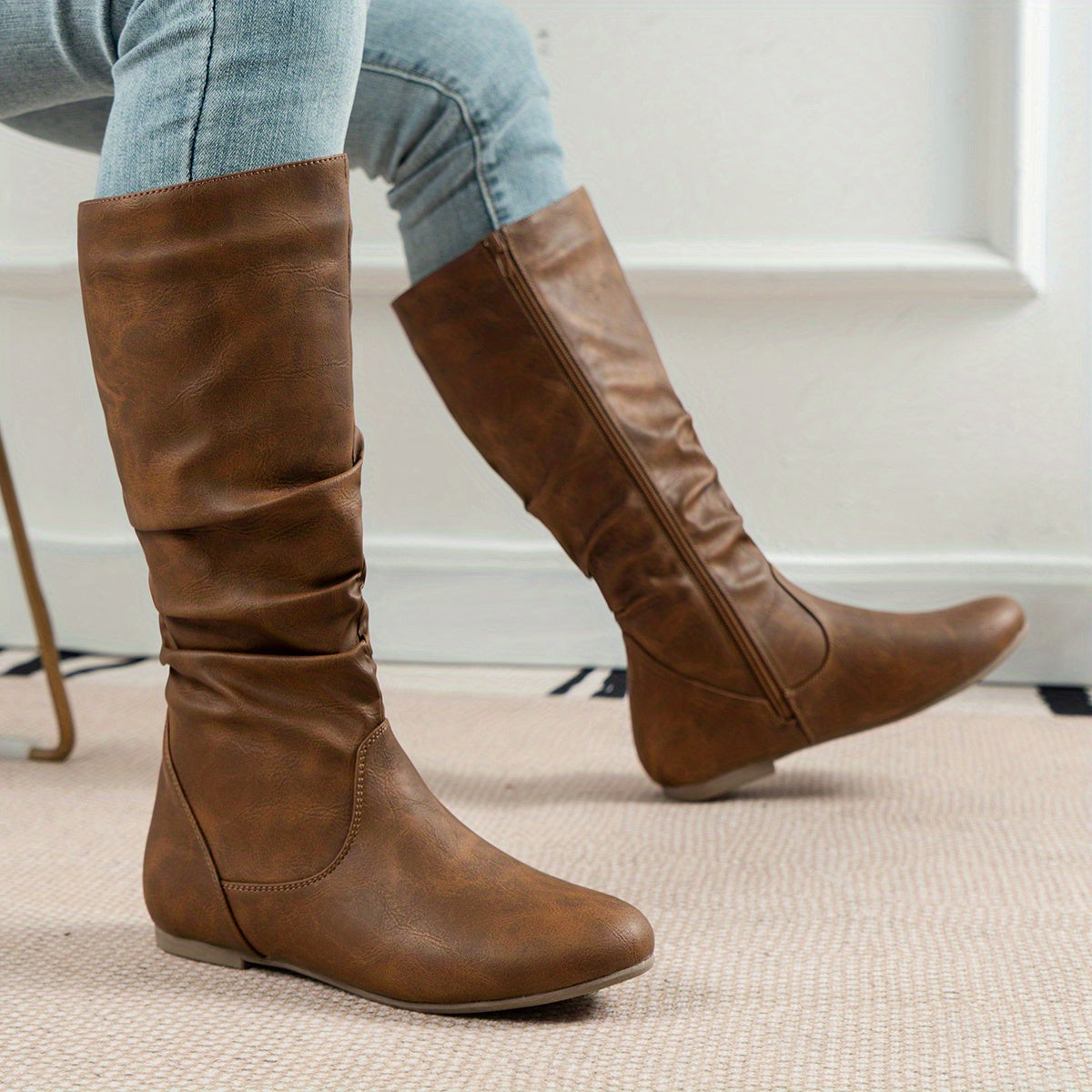 Ruched mid-calf slouch boots for women