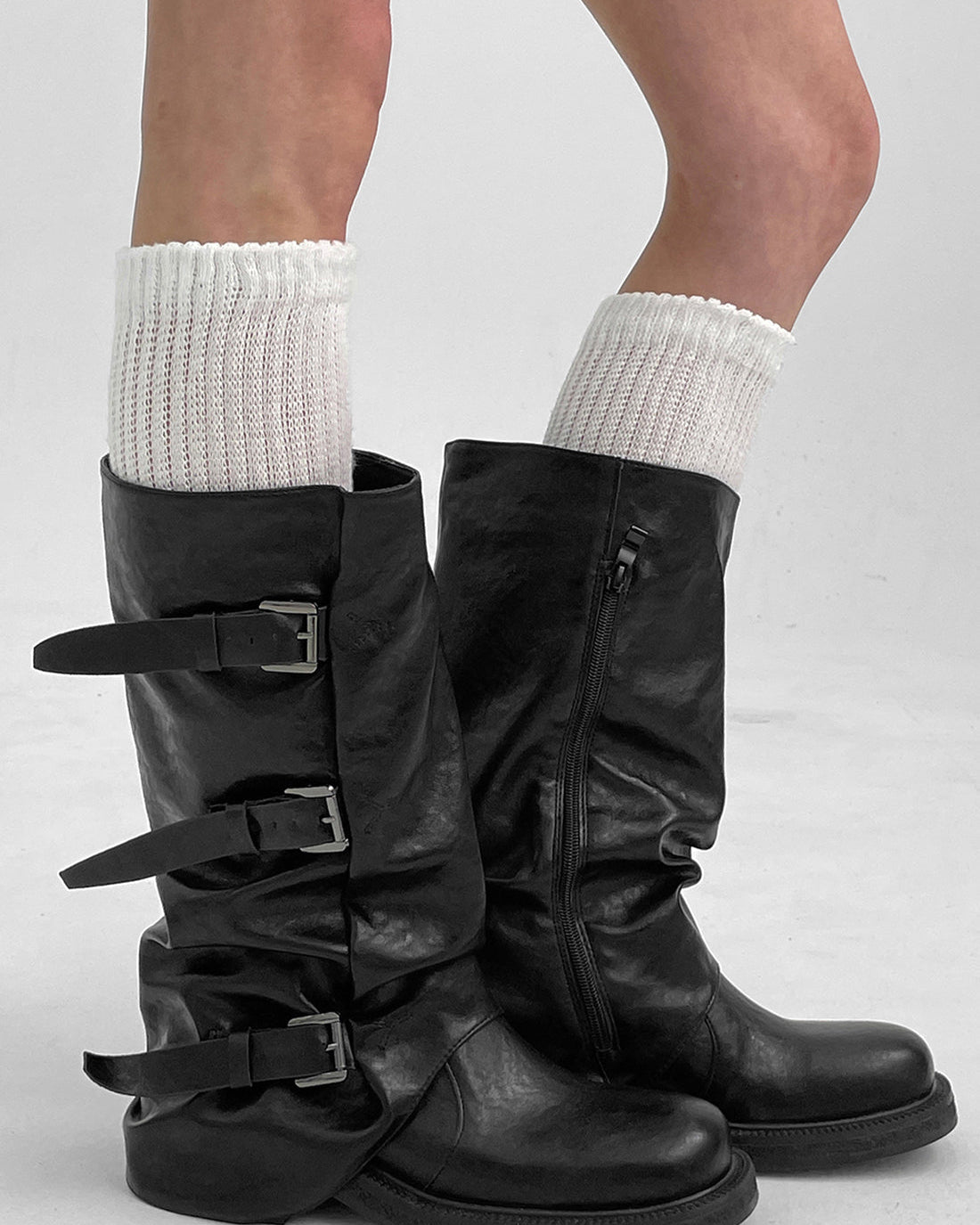 Slouchy buckle mid-calf boots in black for women