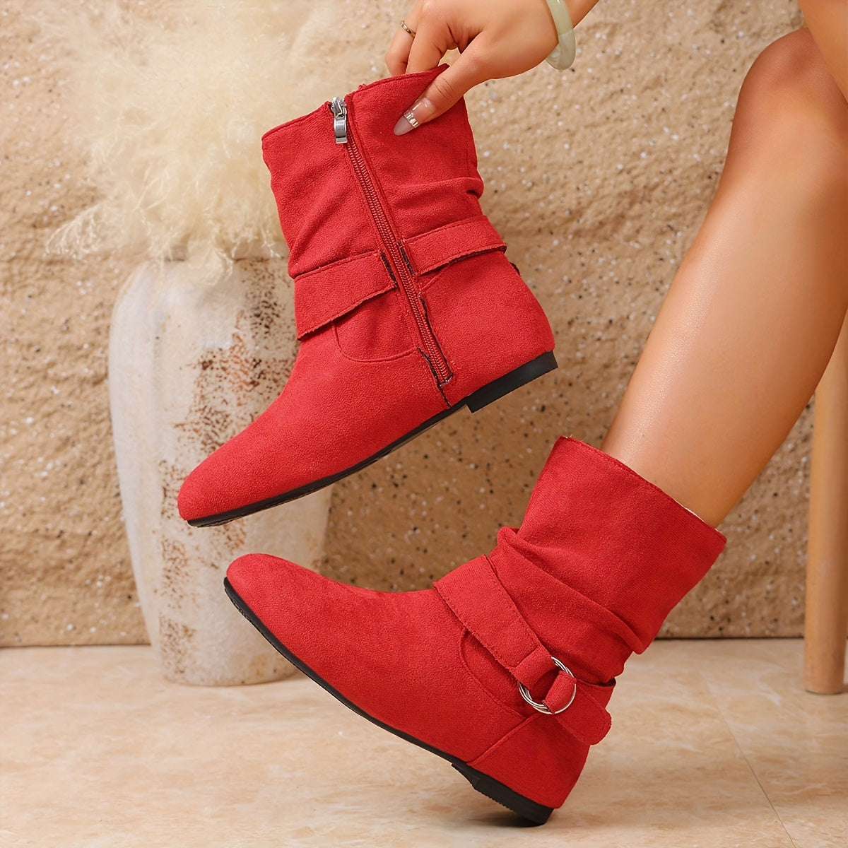 Slouchy flat suede-look buckle boots for women