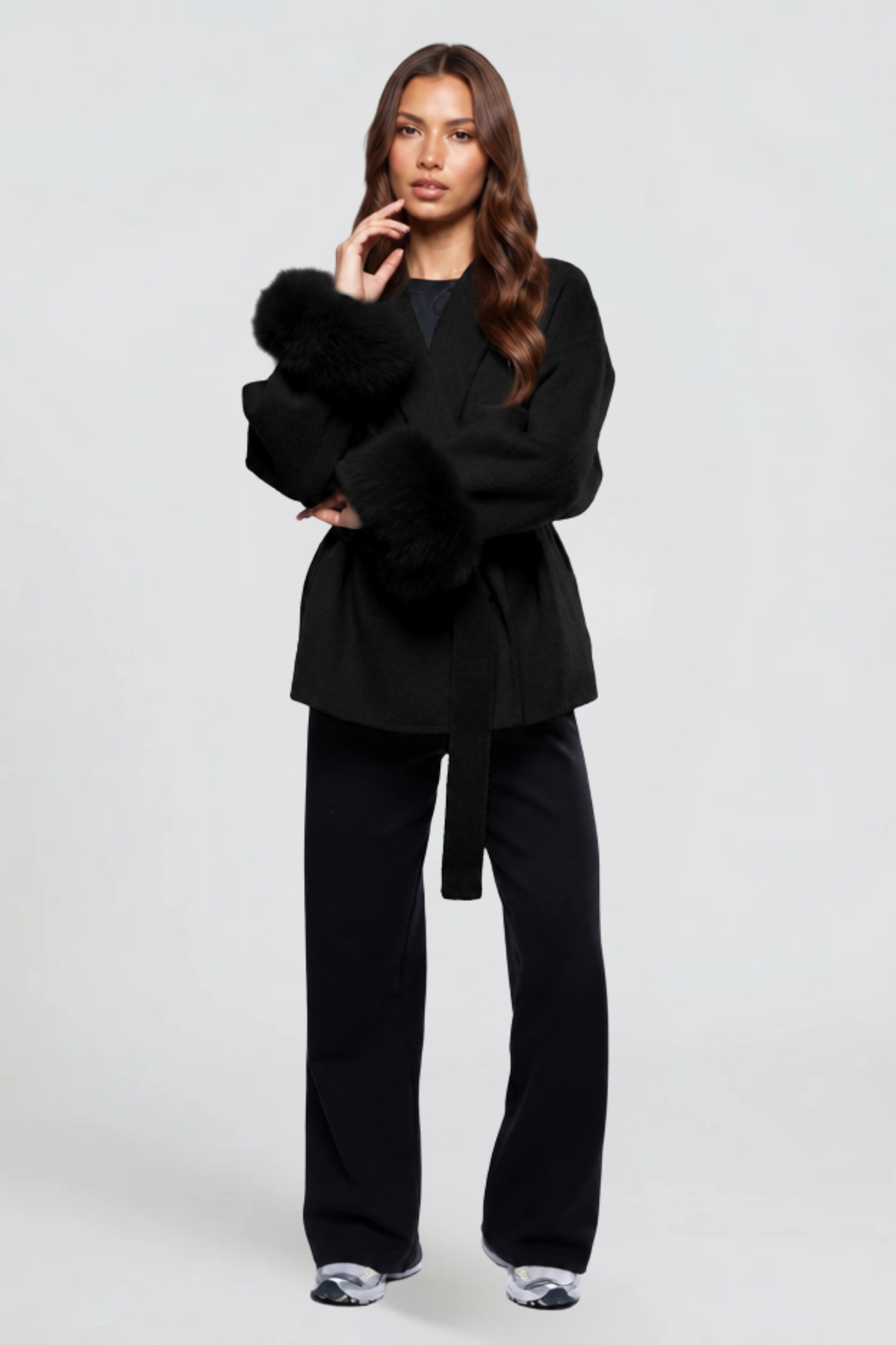 Relaxed fit wool-look belted coat for women
