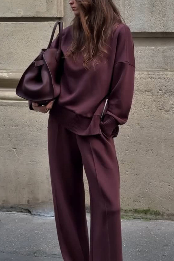 Relaxed knit wide-leg pant set in burgundy for women