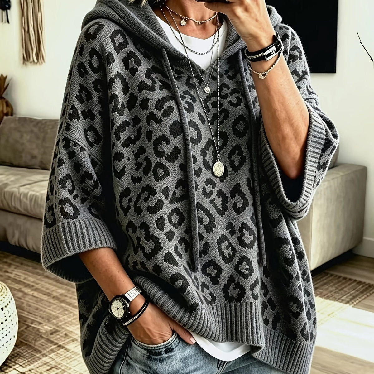 Oversized leopard batwing knit hoodie for women