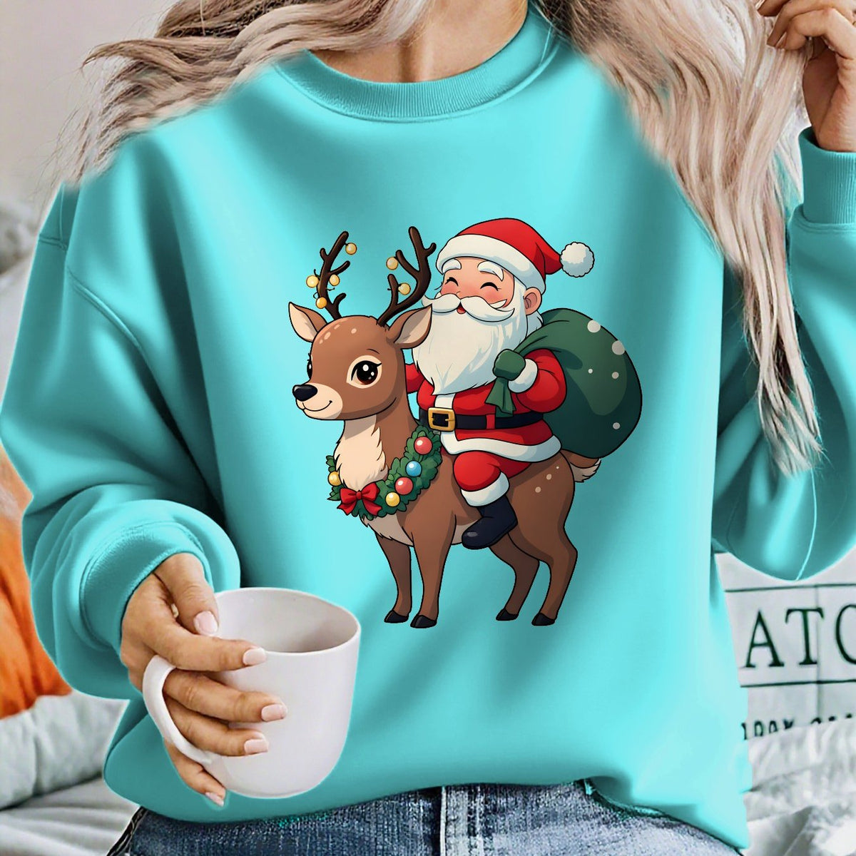 Christmas sweater with Santa and reindeer print for women