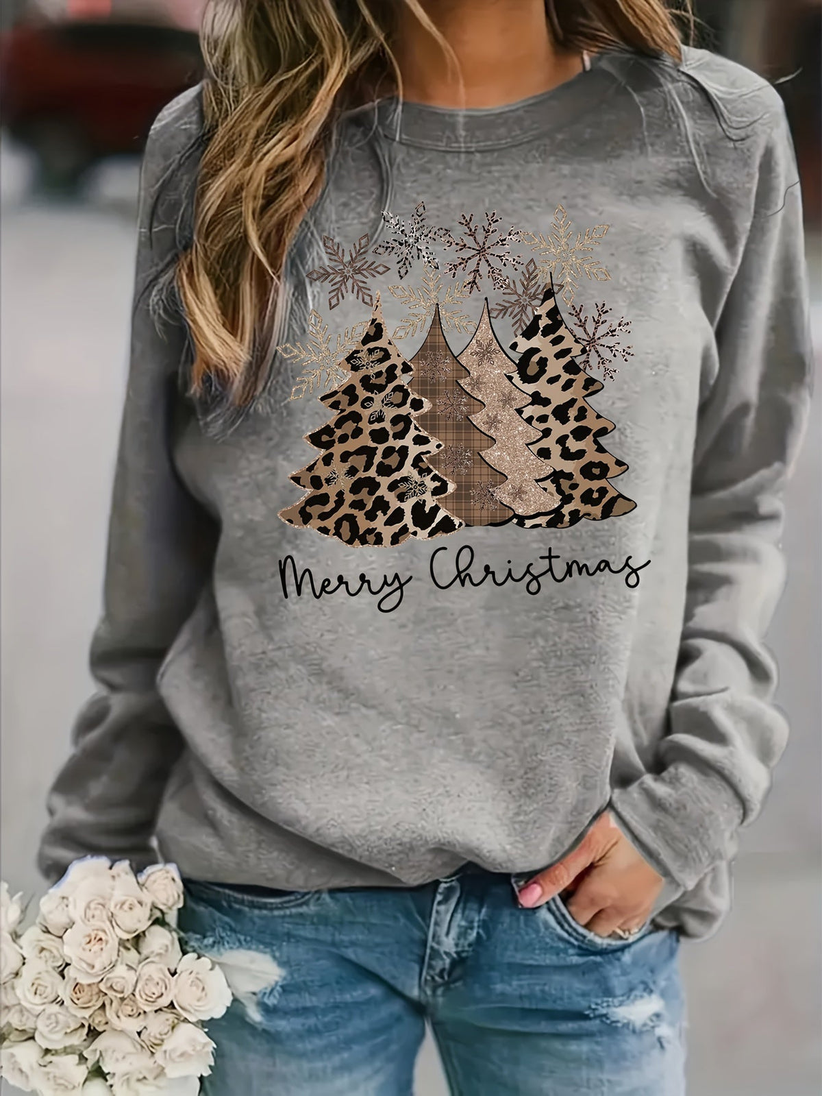 Leopard print Christmas sweater with drop shoulders for women