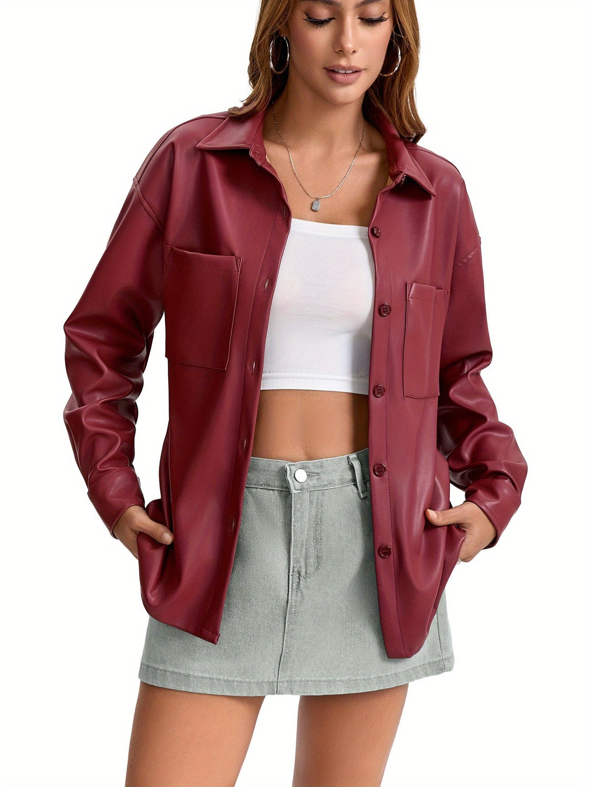 Leather-look shacket for women in brick red, light brown or black