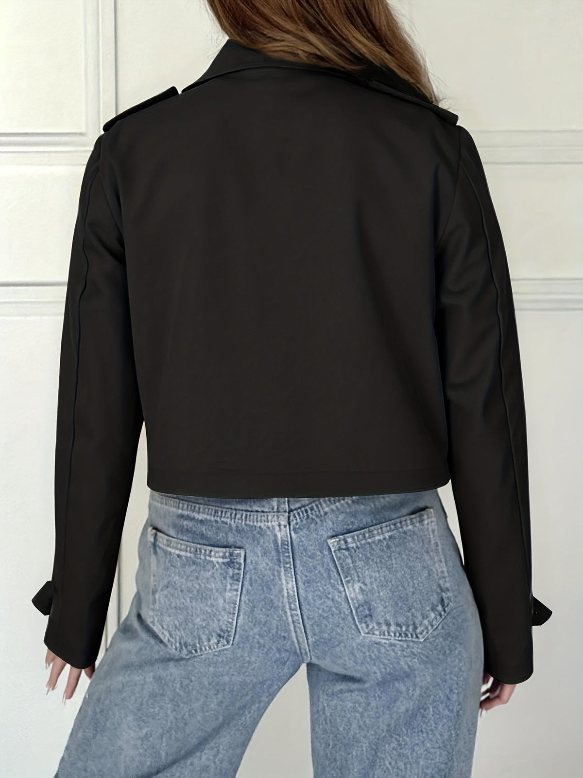 Button tab cropped pea coat for women