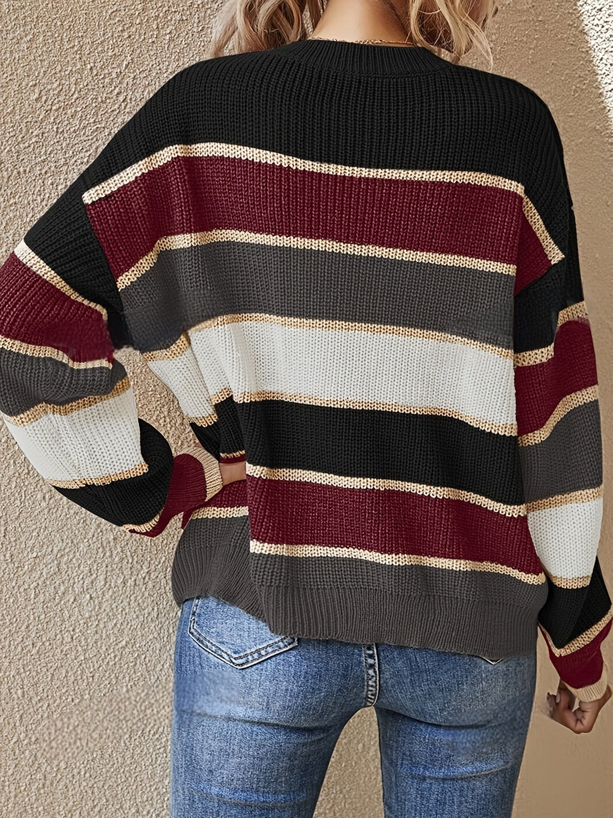Striped color block sweater in burgundy, apricot and olive for women