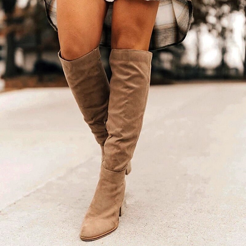 Block heel suede-look over-the-knee slouch boots for women
