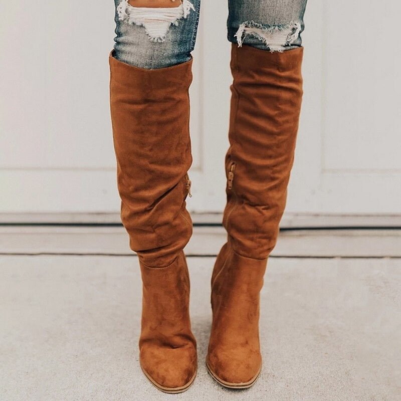 Block heel suede-look over-the-knee slouch boots for women