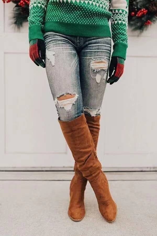 Block heel suede-look over-the-knee slouch boots for women
