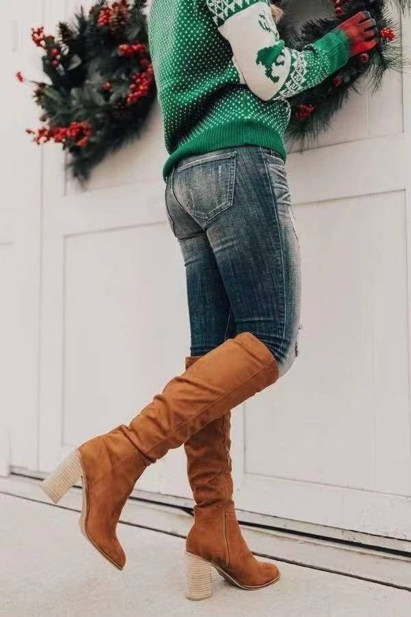 Block heel suede-look over-the-knee slouch boots for women