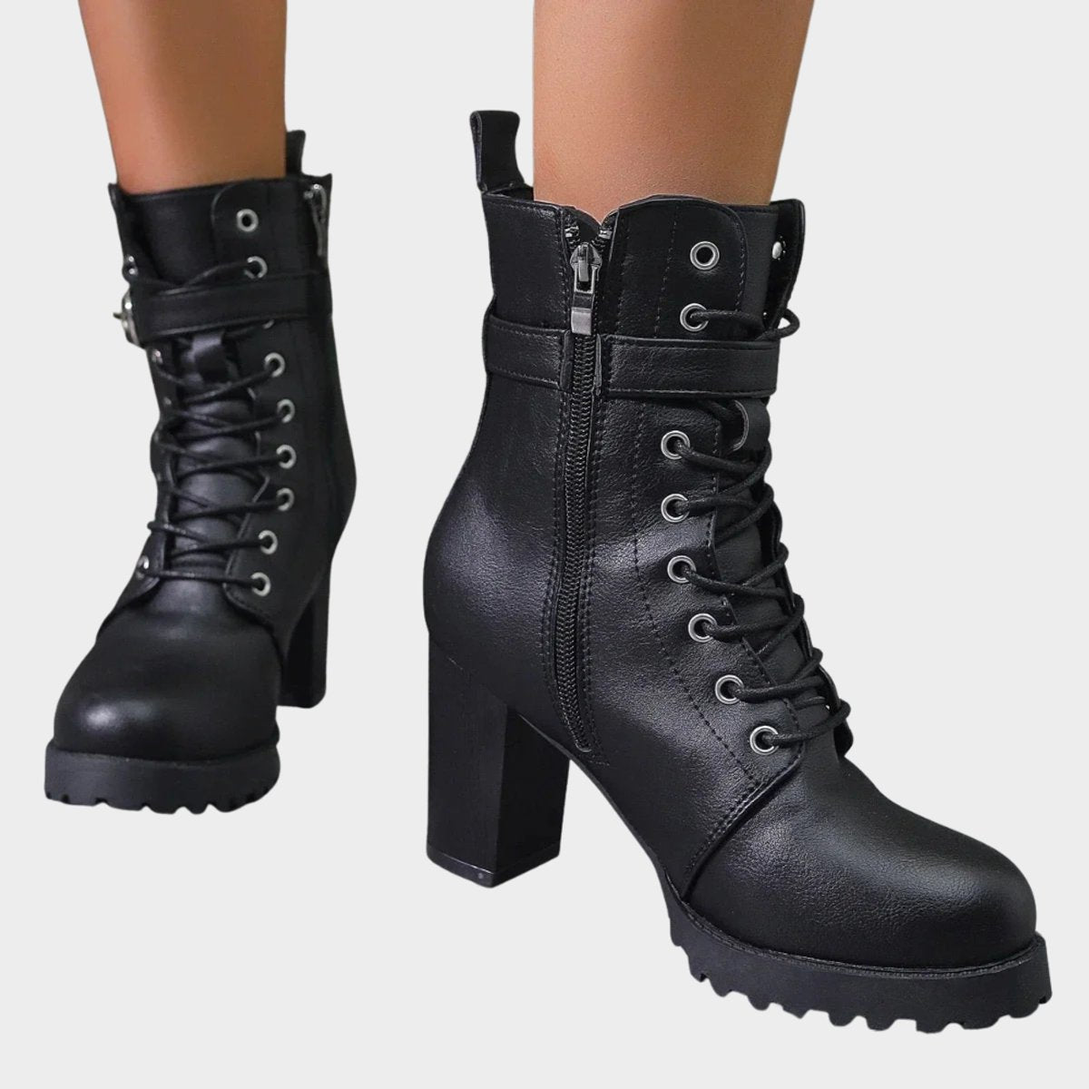 Lace-up block heel ankle buckle boots for women