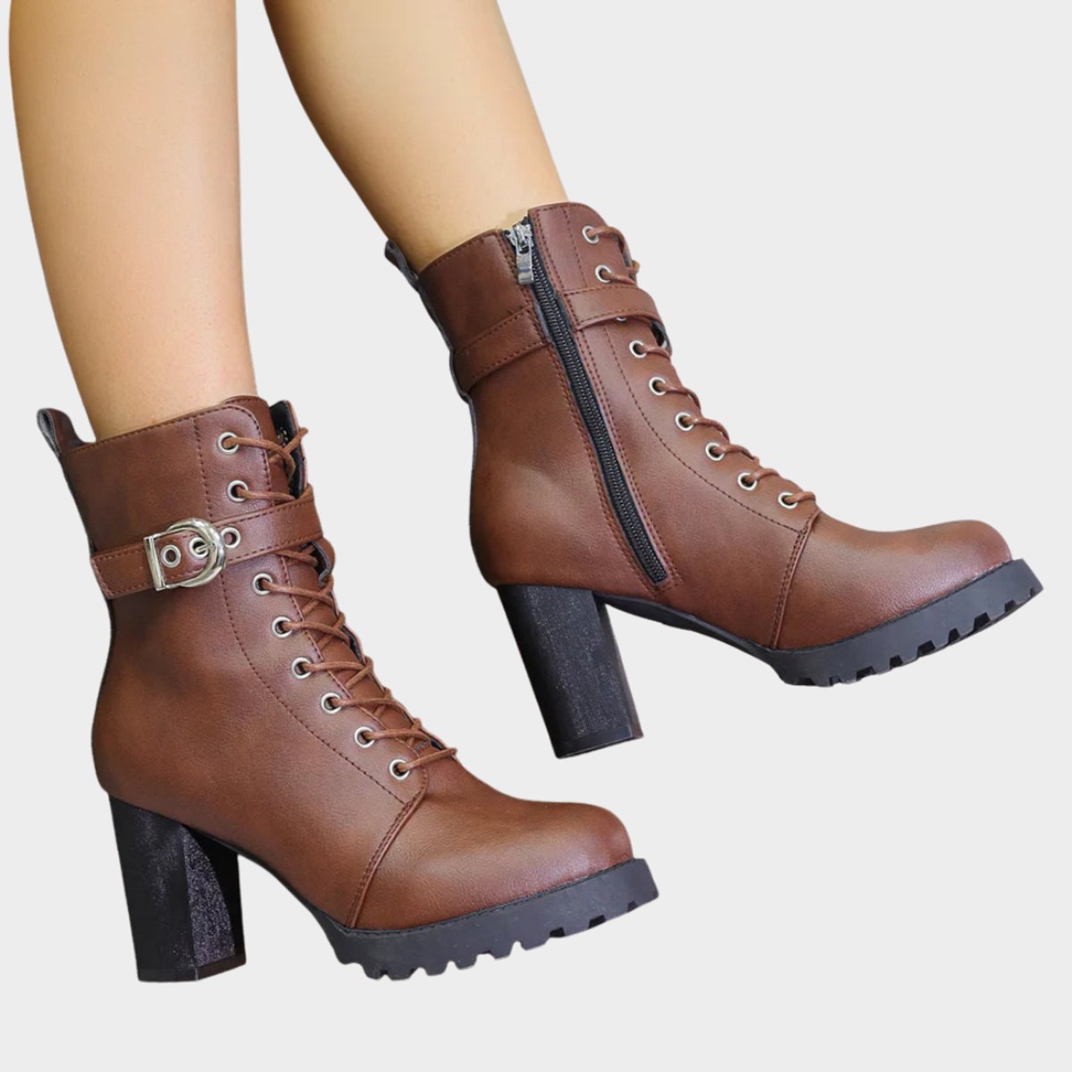 Lace-up block heel ankle buckle boots for women