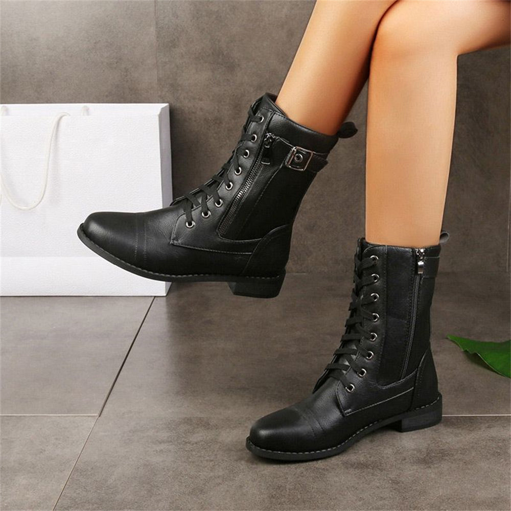 Lace-up mid-calf combat boots with side zip for women