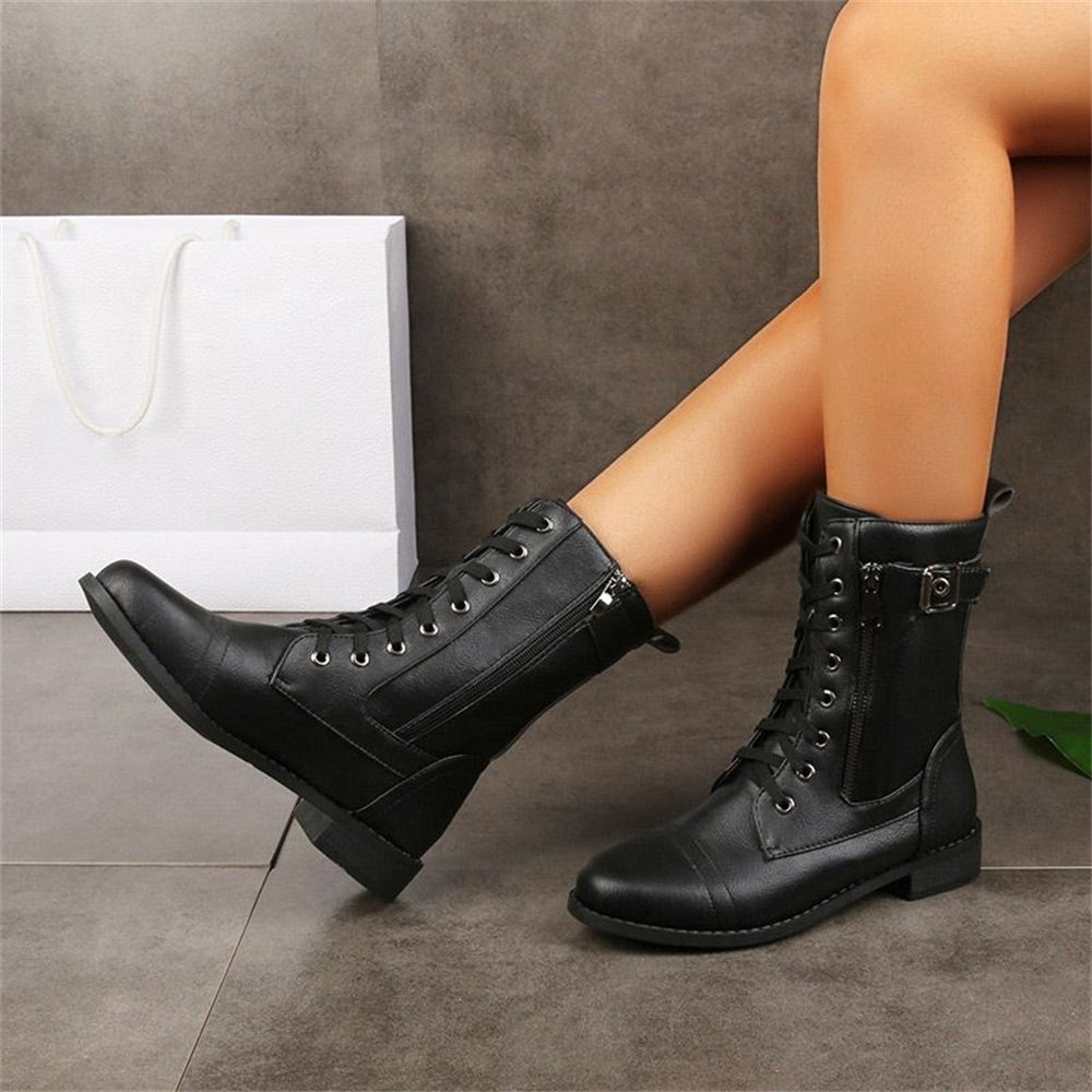 Lace-up mid-calf combat boots with side zip for women