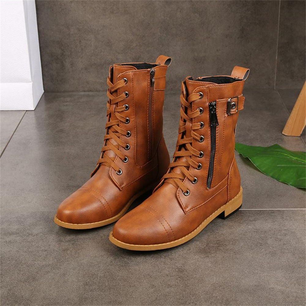 Lace-up mid-calf combat boots with side zip for women