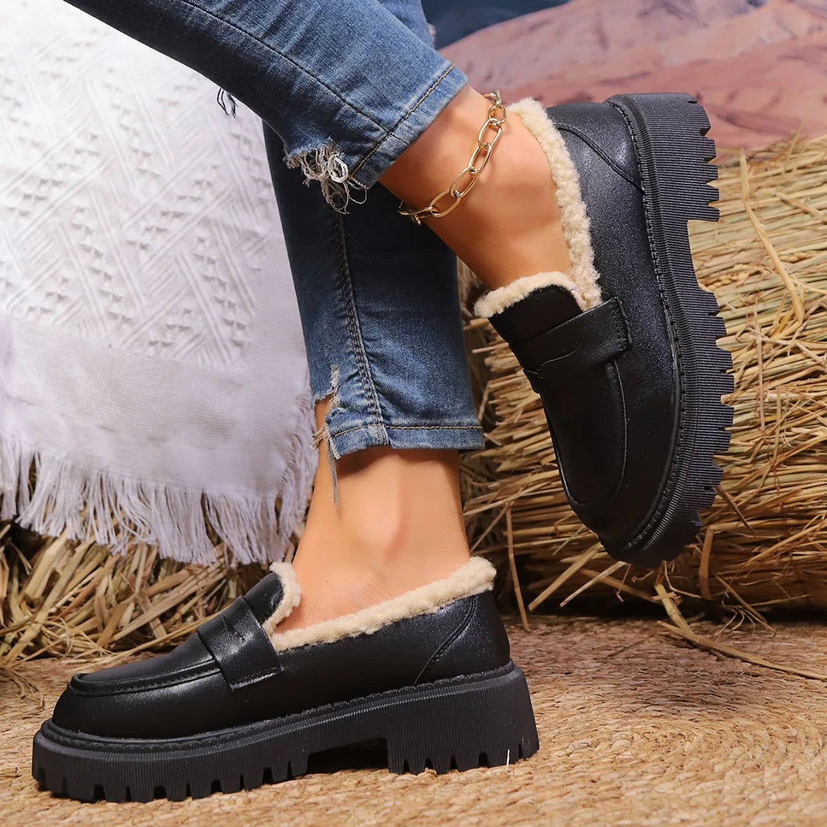 Sherpa-lined chunky platform loafers for women