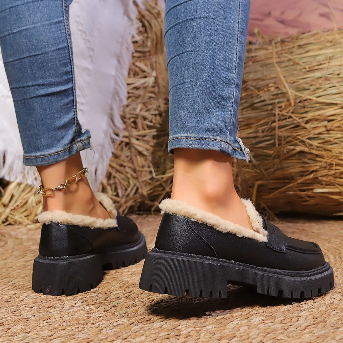 Sherpa-lined chunky platform loafers for women