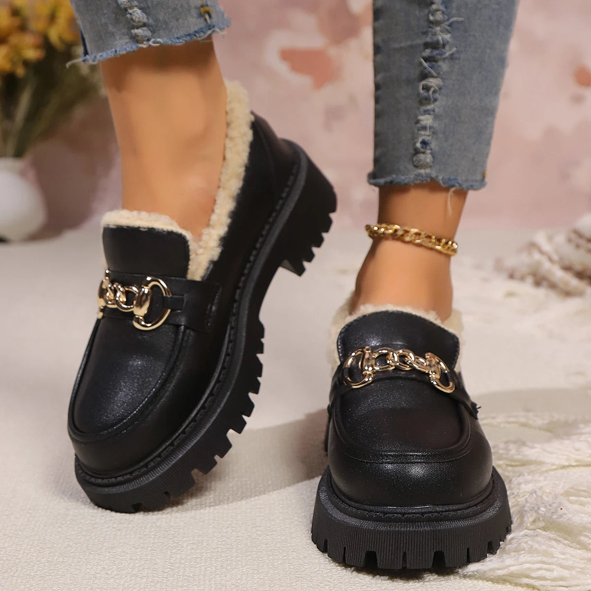 Sherpa-lined chunky platform loafers for women