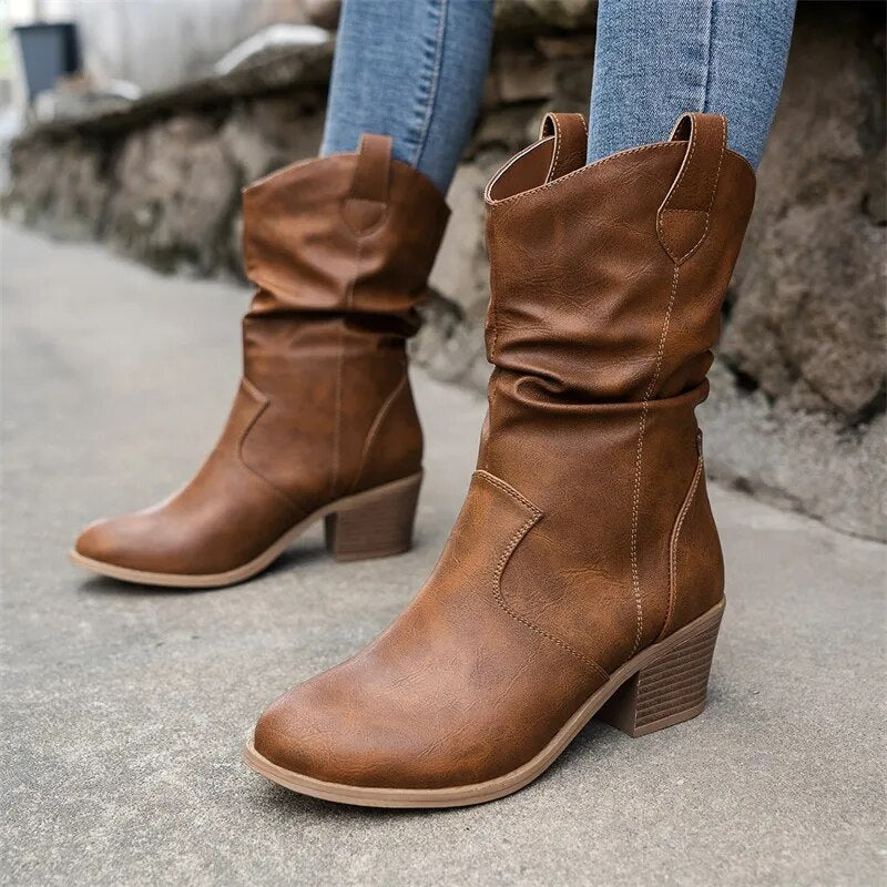 Western mid-heel ankle slouch boots for women
