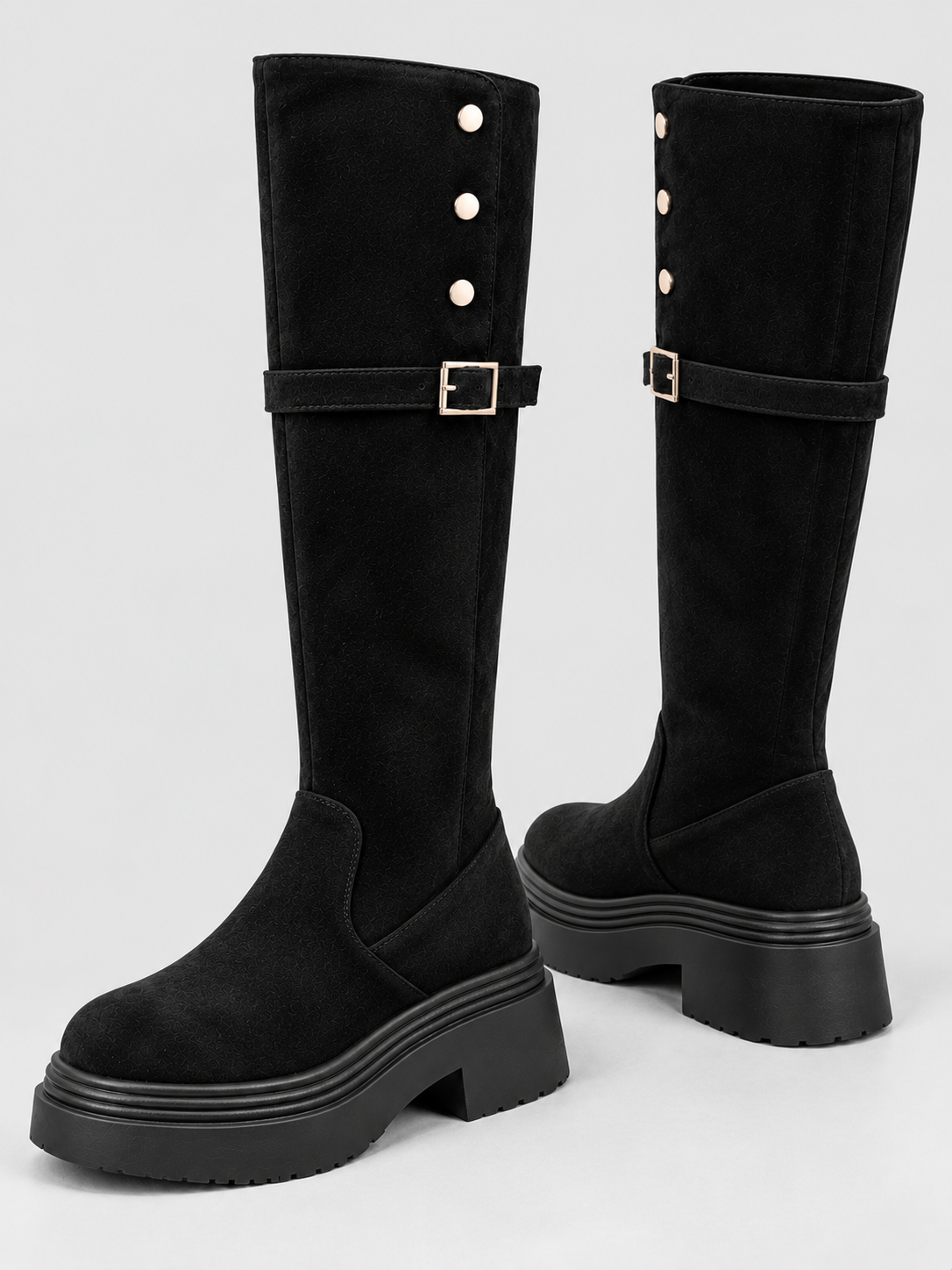 Studded platform knee-high buckle boots for women
