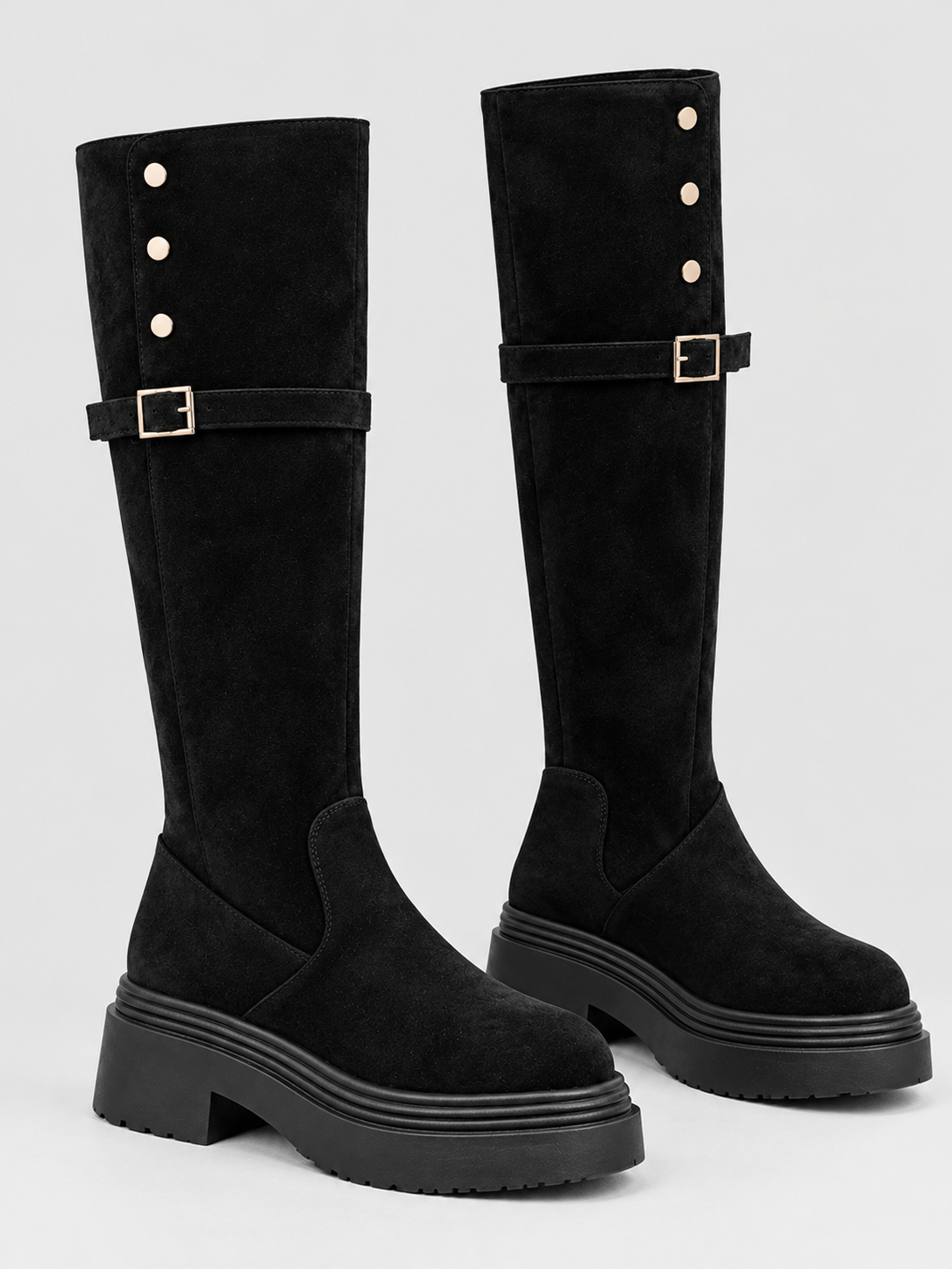 Studded platform knee-high buckle boots for women