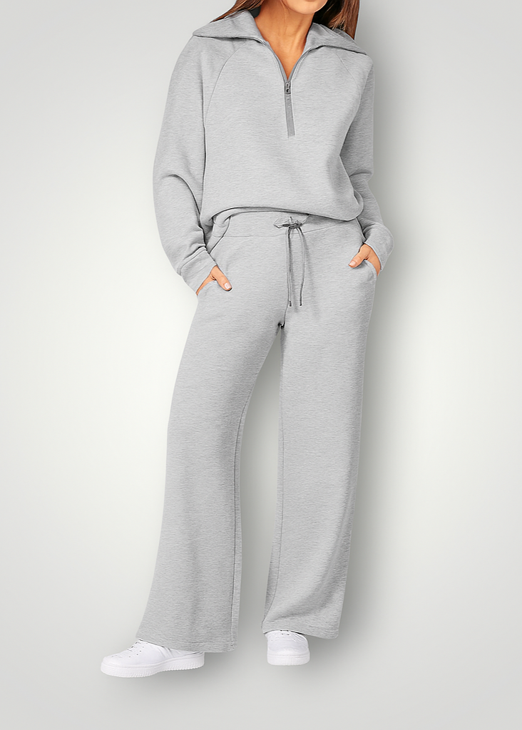 Half-zip sweatshirt and wide-leg pant set in gray for women