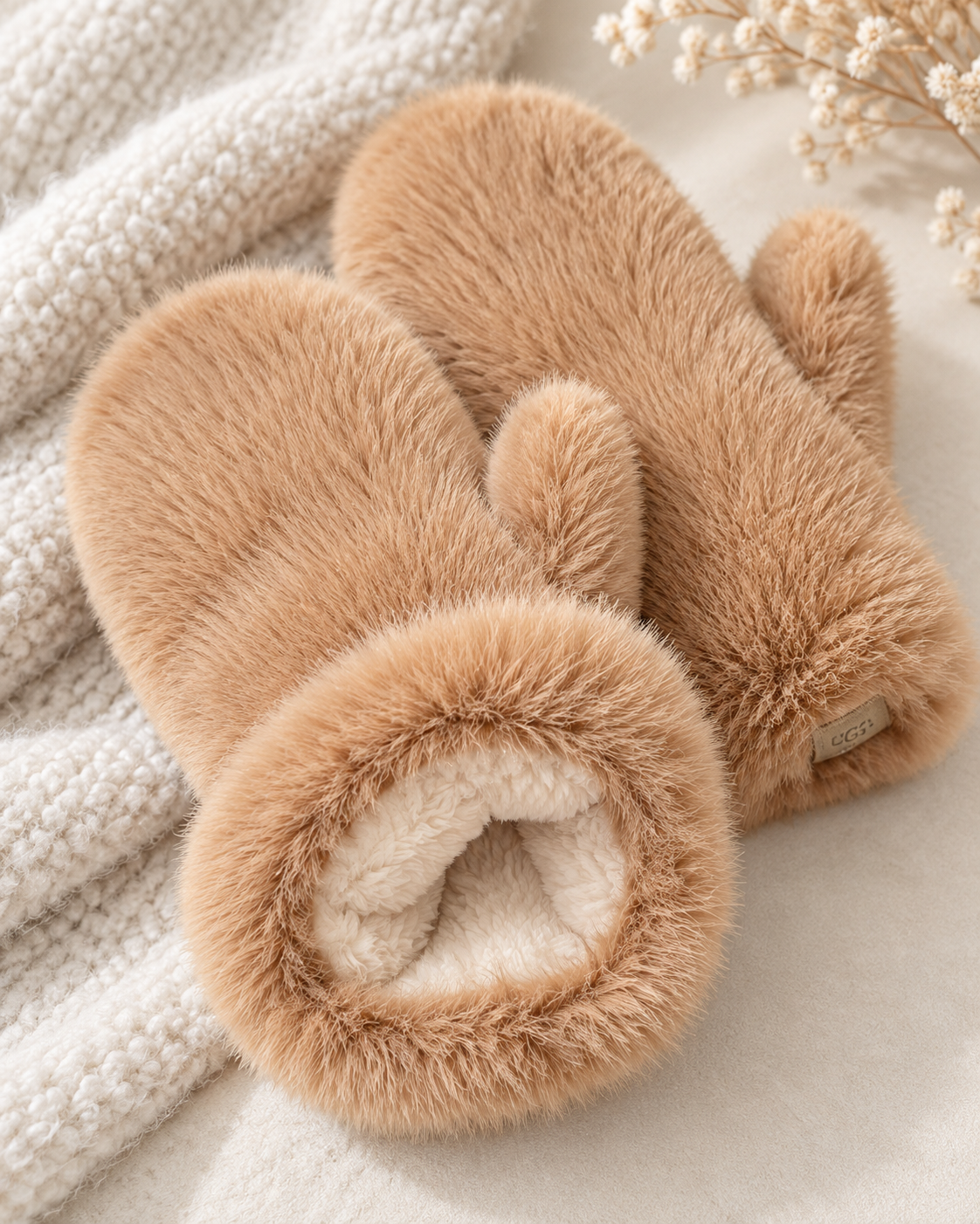 Fluffy sherpa-lined mittens for women