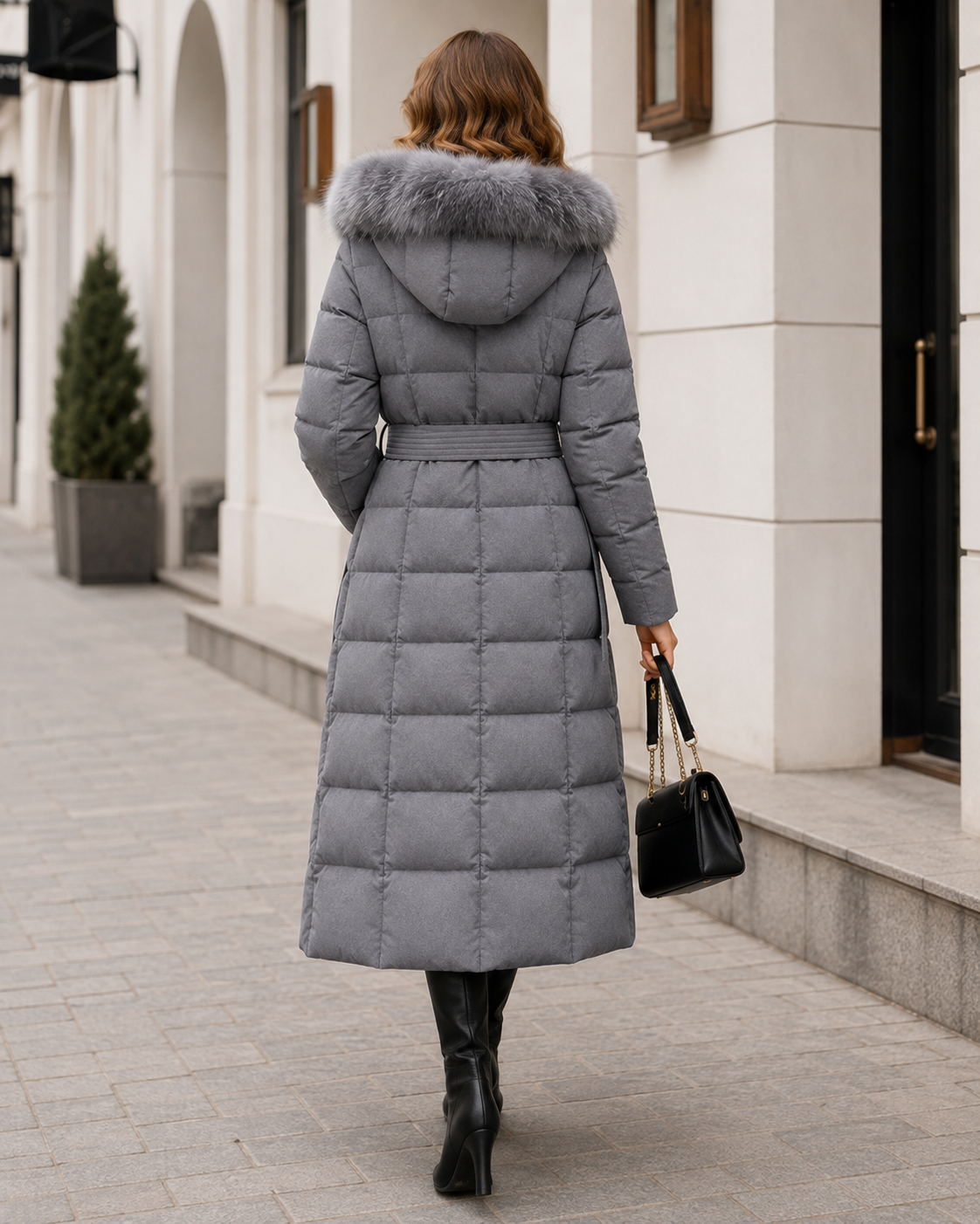 Longline hooded puffer belted coat for women