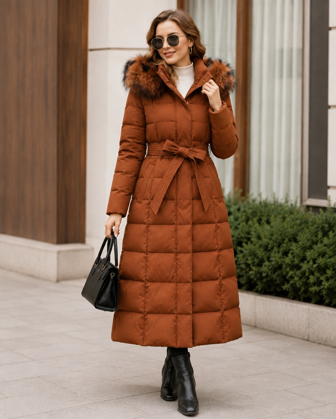 Longline hooded puffer belted coat for women