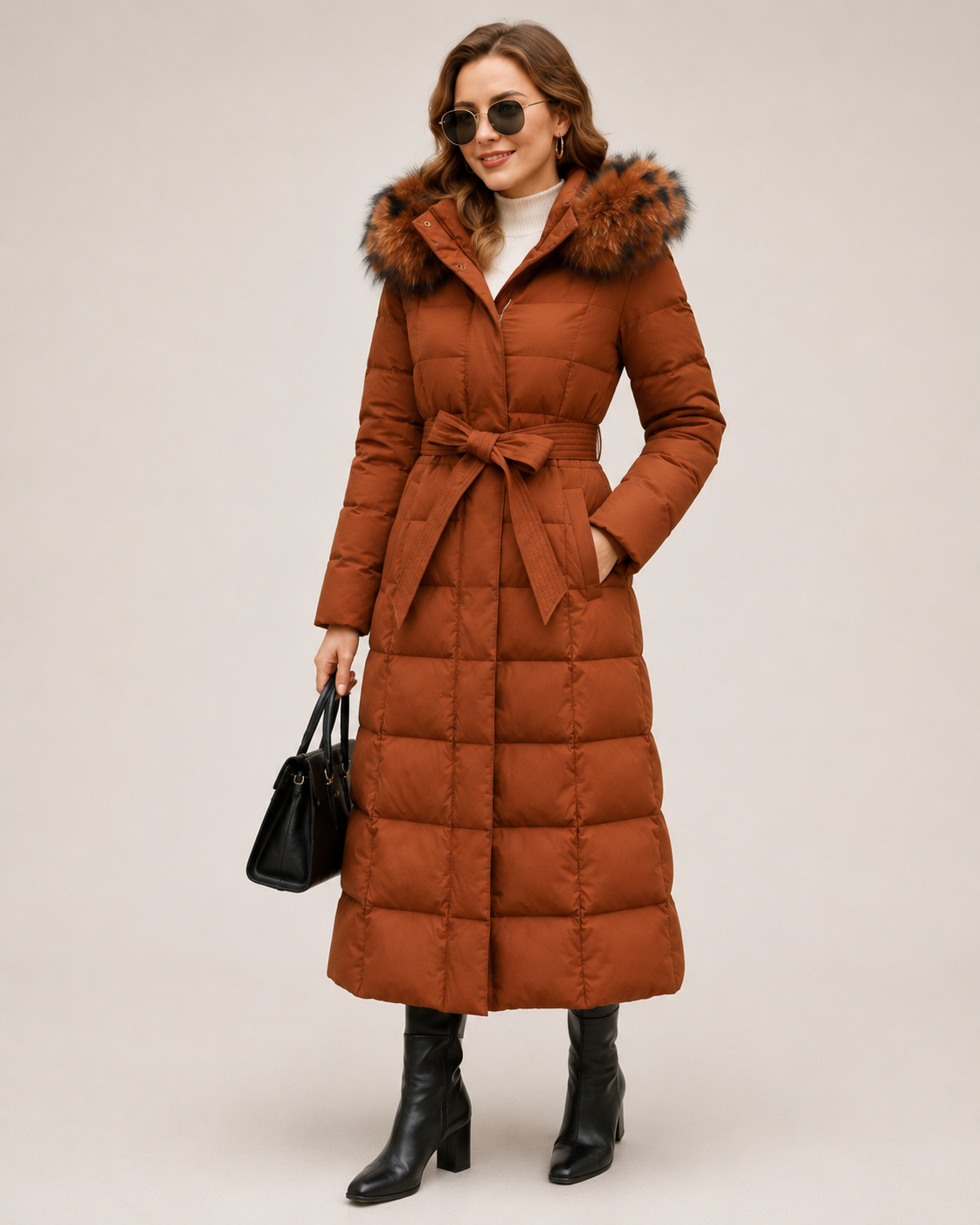 Longline hooded puffer belted coat for women