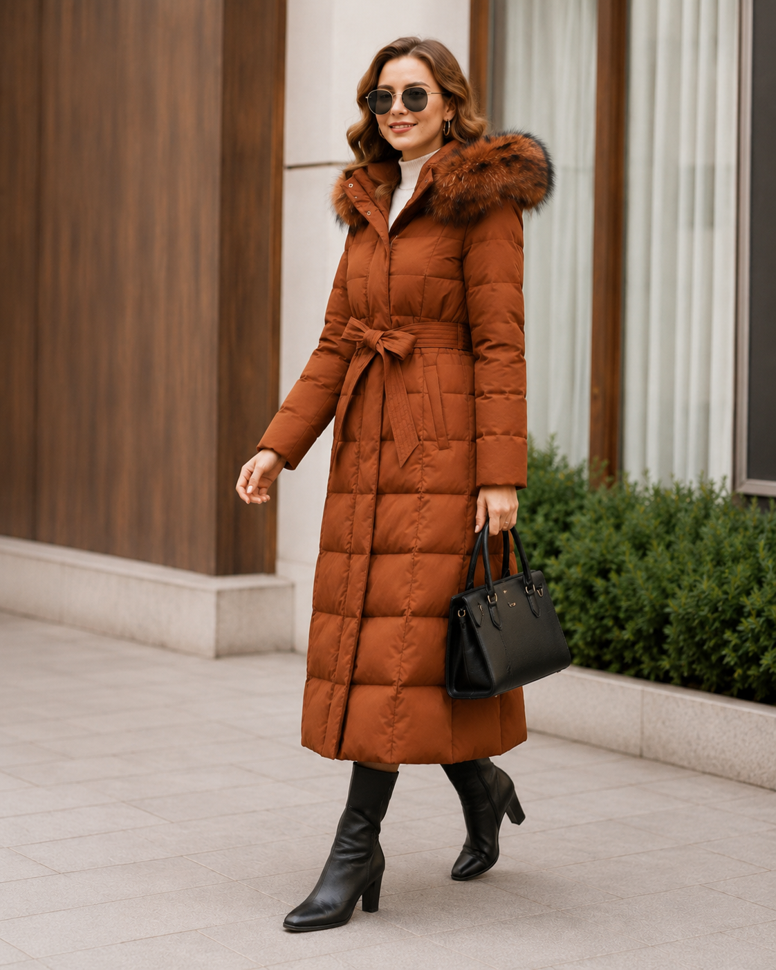 Longline hooded puffer belted coat for women