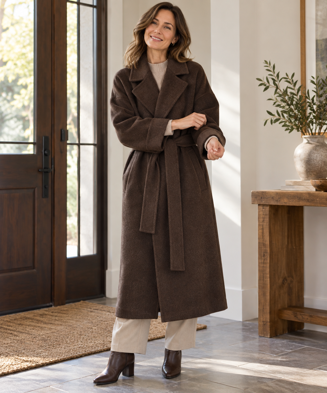 Long wrap wool-look belted coat for women