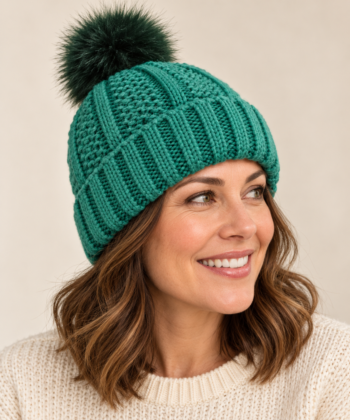 Chunky knit pom-pom beanie for women
