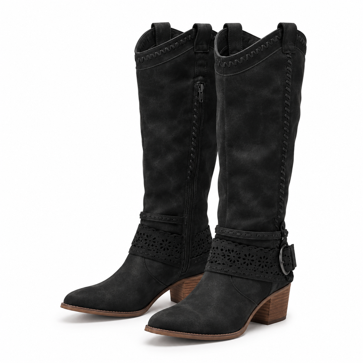 Laser-cut knee-high western buckle boots for women
